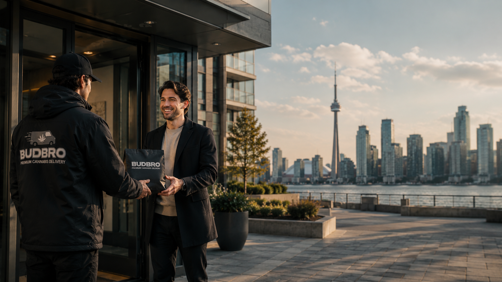 BudBro cannabis delivery driver delivering premium cannabis products to a customer in downtown Toronto